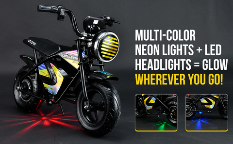 Littletrax 350W Kids Electric Bike – Ages 3 to 12+ ride on mini monkey bike - 3 speed, Bluetooth music, horn, lights, 36v