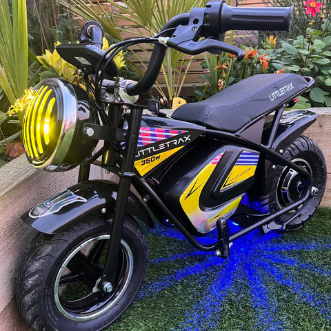 Littletrax 350W Kids Electric Bike – Ages 3 to 12+ ride on mini monkey bike - 3 speed, Bluetooth music, horn, lights, 36v