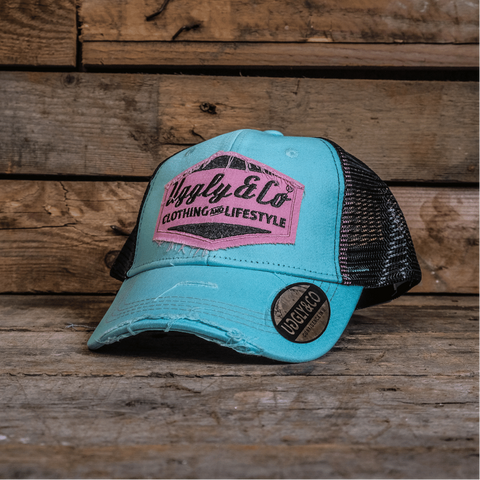 Blue & Pastel Pink Diamond Trucker Hat