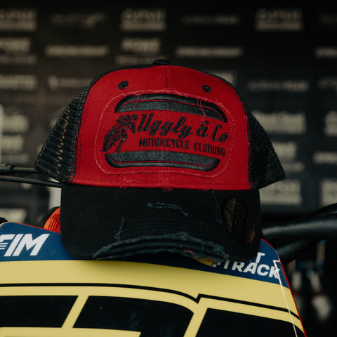 Black & Red Flat Track Trucker Hat
