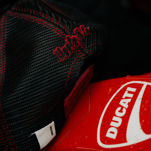 Black & Red Flat Track Trucker Hat