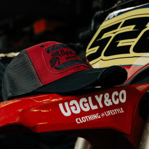 Black & Red Flat Track Trucker Hat