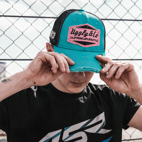 Blue & Pastel Pink Diamond Trucker Hat